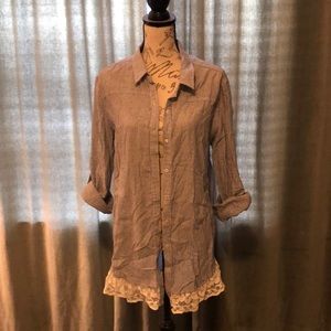 Chambray and cream striped lace button-up top